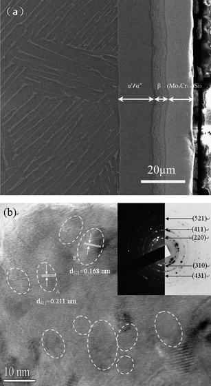 (a) SEM observation of the nanocrystalline Mo5Si3 film formed on Ti–6Al–4V alloy; (b) HRTEM image and the corresponding SAED pattern of the nanocrystalline Mo5Si3 film. Some of the nanocrystallites are circled for easier recognition. The space of the lattice fringes of the nanocrystalline film marked A and B can be calculated as 0.211 nm and 0.168 nm, which correspond to the spacing of the (411) and (521) planes of D8m-structured Mo5Si3, respectively.