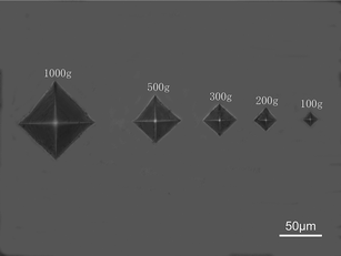 
            Optical micrograph of Vickers indentation sites in nanocrystalline Mo5Si3 films with different applied loads.