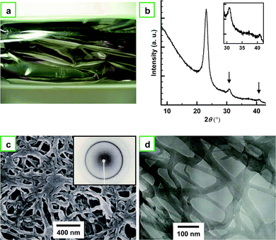 (a) Photograph of a usual PA film with a metallic luster. (b) XRD pattern of the usual PA film. The inset shows the magnified XRD pattern. The pattern shows sharp (110) and (200) reflections at 0.385 nm (23.1° in 2θ), a (210) reflection at 0.29 nm (30.8° in 2θ), and a (002) reflection at 0.221 nm (40.8° in 2θ). (c) SEM and (d) TEM images of the usual PA thin film showing entangled fibril morphology. The inset of (c) shows the XRD pattern of the film.