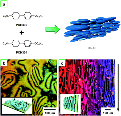 (a) N-LC system composed of an equimolar mixture of PCH302 and PCH304. (b) POM photograph of the N-LC system including the catalyst Ti(O-n-Bu)4 and AlEt3 at 13 °C in the cooling process. (c) POM photograph of the aligned N-LC system containing the catalyst at 13 °C in the cooling process. The arrow indicates the direction of the gravity flow. Insets of (b) and (c) show schematic representations of the N-LC and aligned N-LC, respectively.