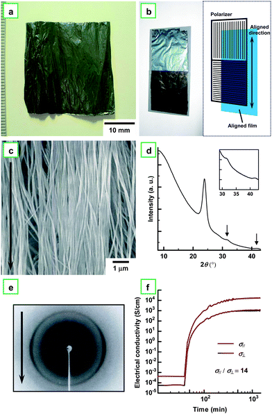 (a) Photograph of aligned PA film with dull metallic luster synthesized in N-LC using the gravity flow technique. (b) Photograph of the aligned PA film, where two polarizers are arranged parallel (bright) and perpendicular (dark) to the aligned direction of the PA film. The schematic illustration is also given in (b). (c) SEM image of the aligned PA film. The arrow indicates the direction of the gravity flow. (d) XRD pattern of the aligned PA film. The inset shows the magnified XRD pattern. The pattern shows sharp (110) and (200) reflections at 0.373 nm (23.9° in 2θ), a (210) reflection at 0.283 nm (31.6° in 2θ), and a (002) reflection at 0.217 nm (41.7° in 2θ). (e) XRD pattern of the aligned PA film. The arrow indicates the direction of the gravity flow. (f) Electrical conductivities of the aligned PA film during the vapor phase iodine doping: σ//, parallel; σ⊥, perpendicular.