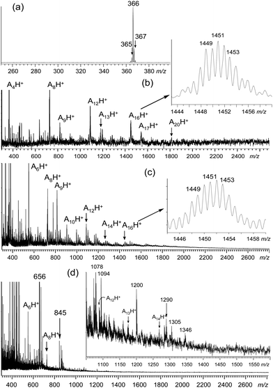 MALDI-TOF mass spectra of (a) tetraaniline (A4), (b) hexadecaaniline/eicosaaniline (A16/20), (c) DMF-soluble fraction of MWNTs and A16/20 mixture residue, and (d) oligoaniline-grafted MWNT products, MWNT–(A16/20)x.