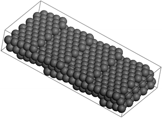 Ball model of the (119) surface of an FCC crystal. The surface consist of 4.5 atom wide terraces, separated by monatomic steps along the <110> direction.