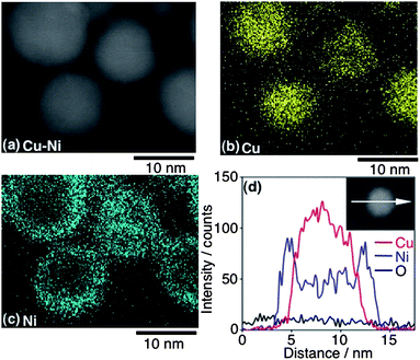 HAADF-STEM image of Cu4Ni6, Cu component (b) and Ni component (c). The scan profile along the cross-section line on a single particle is indicated in the inset (d).