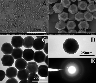 FESEM (A and B), TEM (C and D) images and ED (E) of tetradecahedral lead selenides. The FESEM images were obtained under deceleration mode. Experimental conditions are same as those for tetradecahedral particles shown in Fig. 1.