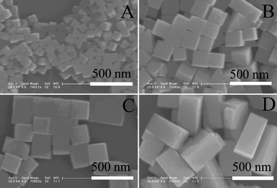 PbSe obtained with different molar ratios of selenius acid to Pb(NO3)2 (Se/Pb): (A) 0.1, (B) 0.2, (C) 0.5, (D) 0.8. Concentration of Pb(NO3)2: 0.2 mol L−1. Concentration of PVP-K30: 2.0 mol L −1, reaction temperature: 240 °C, duration time: 13 min.