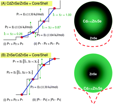 Panel (A) shows the one-half potential (solid line) for the core/shell structure, CdZnSe/ZnSe. The step-like feature represents the actual discrete energy levels in the nanocrystals. Panel (B) shows the expected one-half potential well if we were to have ZnSe/CdZnSe as core/shell, i.e., the inverse structure of panel (A). The full potential profiles are drawn with dashed lines for both (A) and (B). Both panels A and B show the sketches of the confining potentials for the respective NCs; there is only one confining potential for each graded or ungraded NC. Therefore, the three different peaks correspond to the three different values of the energy-level spacing within the same confining potential rather than three different confining potentials. These schematic diagrams are not to scale.