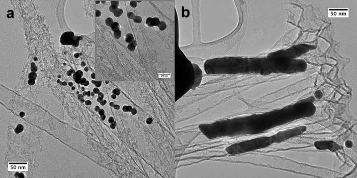 TEM micrographs of Au/CNT nanocomposite structures, debundled from a Au/CNT3D block structure by ultrasonication; (a) spherical gold nanoparticles on CNTs, inset: higher magnification of gold particles (twinned) together, (b) occasionally observed gold rods formed inside the confined space of the interior of the CNTs.