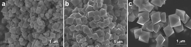 SEM images of the resulting Fe3O4 samples after dealloying for (a) 8, (b) 48, and (c) 96 h in 2 mol L−1 NaOH solution.