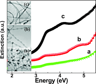 The low magnification TEM images and the optical extinction spectra of (a) well separated Si nanoparticles (connected by SiO2 nanowire), (b) nanoparticle chains with inter-particle separation of 20 ± 15 nm, and (c) Si/SiO2 core-shell nanocables.