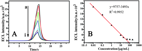 (A) The ECL intensity of the aptasensor with different ATP concentrations (μM). Curve a: ECL signal of the QDs/cDNA/probe modified Au electrode in the absence of ATP. Curve b–i: the ECL signal of aptasensor incubated with different concentrations of ATP (from top to down, 0.018, 0.18, 1.8, 18.0, 36.0, 90.0, 180.0 and 360 μM ATP, respectively). (B) The ECL intensity–concentration curve. The electrolyte was a 5 mL PBS+ solution containing 0.1 M K2S2O8 and 0.1 M KCl. The voltage of the photomultiplier tube was 600 V and the scan rate 100 mV s−1.