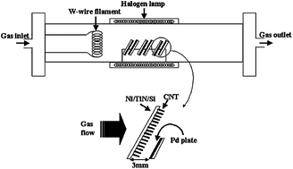 Schematic diagram of thermal CVD system designed for the CNT growth at low temperature. Note the Pd plate (dual catalyst) positioned a few mm across the sample.149 Figure reproduced with permission from: H. J. Jeong, S. Y. Jeong, Y. M. Shin, J. H. Han, S. C. Lim, S. J. Eum, C. W. Yang, N. G. Kim, C. Y. Park and Y. H. Lee, Chem. Phys. Lett., 2002, 361, 189–195. Copyright 2002, Elsevier.