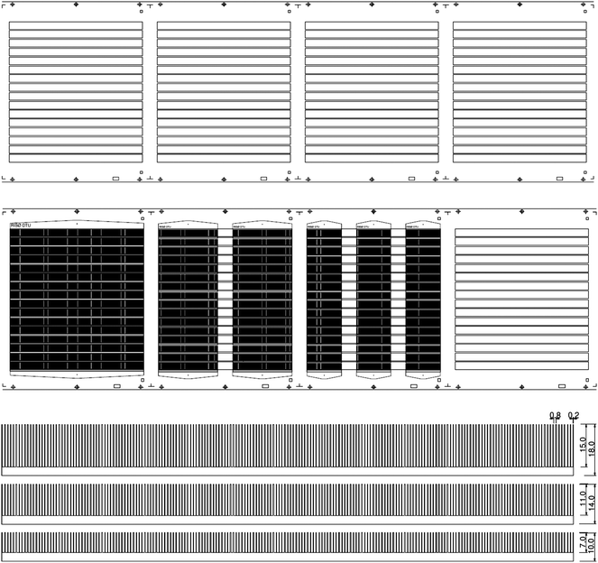 The substrate (PET) is shown with the etched ITO pattern and register marks. The 16 ITO stripes each measure 225 × 13 mm and are spaced along the web direction by 25 mm (top). The silver print for three of the different module lengths are shown overlaid on the ITO pattern (middle). The 225 mm long modules (middle left), 100 mm long modules (middle center) and 60 mm long module (middle right) are shown. The printed silver pattern is shown for the modules with 9, 13 and 18 mm wide ITO (bottom).