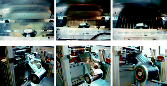 The slot-die coating of ZnO nanoparticles (left), P3HT:PCBM (middle) and PEDOT:PSS (right). The wet films are shown above and the corresponding dried films are shown below.