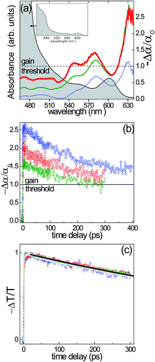 (a) Absorbance (black solid line and inset) and normalized transient absorption (−Δα/α0) spectra of a sample of CdSe/CdS QRs with 5 nm diameter and 25 nm length. The transient spectra are recorded 4 ps after excitation at different pump fluences (thin blue line: 44 μJ cm−2, medium green line: 110 μJ cm−2, thick red line: 1300 μJ cm−2). (b) Time evolution of the normalized transient absorption (−Δα/α0) at the peak of the gain for three different CdSe/CdS QR samples (red circles for QRs with 17 nm length at 620 nm probe wavelength, blue squares for QRs with 25 nm length at 630 nm, green diamonds for QRs with 50 nm length at 620 nm). The pump fluence was ∼220 μJ cm−2 in all experiments. (c) Normalized ΔT/T bleaching kinetics recorded at the band edge transition for QRs with 25 nm length for different pump fluences (blue circles: 13 μJ cm−2, red triangles: 44 μJ cm−2, magenta diamonds: 320 μJ cm−2, green squares: 780 μJ cm−2, grey triangles: 1560 μJ cm−2). Correspondingly the generated electron–hole pair per QR ranges from less than 1 to tens of pairs. The black line is an exponential fit with a time constant of about 1 ns.