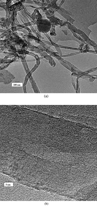 (a) TEM and (b) HRTEM micrograph of synthesized multiwall carbon nanotubes.