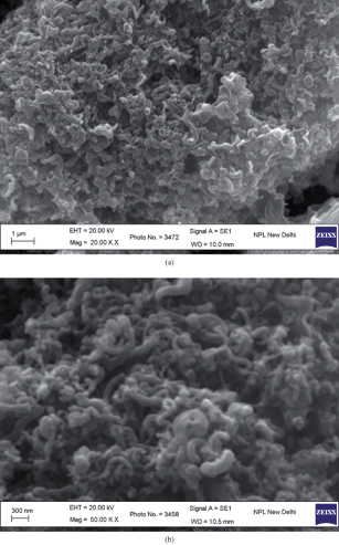 (a) Low; and (b) high magnification SEM image of PFO dissolved in toluene spin coated onto an ITO-coated glass substrate.