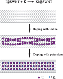 A schematic illustration of the combination reaction of iodine and potassium within SWNTs.