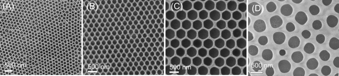 PES membranes made from (A) 150 nm, (B) 300 nm, (C) 500 nm particles, and (D) mixed 150 and 500 nm particles employing the fabrication sequence in Fig. 1A.