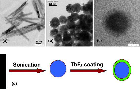 Low magnification TEM images of 75 °C dried Na(Y1.5Na 0.5)F6:Ce(1) doped nanorods (a), 75 °C dried sonicated Na(Y1.5Na0.5)F6:Ce(1) doped nanoparticles (b) and core-shell NaYF4:Ce(1)/Tb nanoparticles (c). Schematic diagram of morphology change (d).