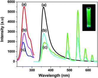 Excitation and photoluminescence spectra of (a) 1 mol% Ce3+ doped, (b) 1 mol% Ce3+ and 0.5 mol% Tb3+ doped and (c) 1 mol% Ce3+ doped and 0.5 mol% Tb3+coated Na(Y1.5Na0.5)F6 nanocrystals.