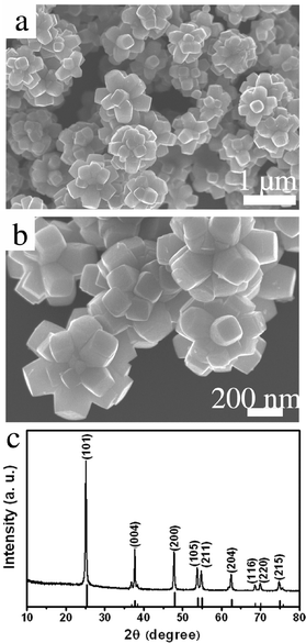 (a, b) FE-SEM images of the flower-like TiO2 nanostructures at low and high magnifications, respectively. (c) XRD pattern of the flower-like TiO2 nanostructures. Vertical bars indicate peak position and intensity of anatase TiO2 (JCPDS No. 21-1272).