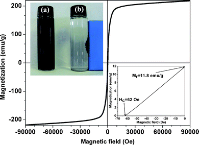 Magnetic hysteresis loop of Fe–C NPs. Left insert: (a) NPs redispersed in water and (b) attraction of the NPs to a permanent magnet; right inset: the enlarged partial hysteresis loop.