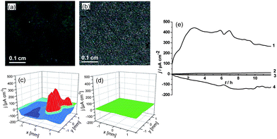 Optical microscopy images (a, b) and 3D current density maps obtained by SVET (c, d) of the scratched steel plates in a corrosion test of unmodified steel (a, c) and steel after ultrasound treatment (57 W cm−2, 60 min) (b, d). (e) Time monitoring of the anodic (curves 1 and 2) and cathodic (curves 3 and 4) activity on the steel surface before sonication (curves 1 and 4) and after sonication at 57 W cm−2 (curves 2 and 3). The samples were immersed for 12 h in 0.1 M NaCl solution.