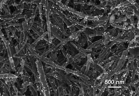 SEM image of an Ag nanoparticle-decorated MWCNT sample with ∼1 mol% Ag content prepared by a ball-milling process. Reproduced with permission from ref. 55. Copyright (2009) American Chemical Society.