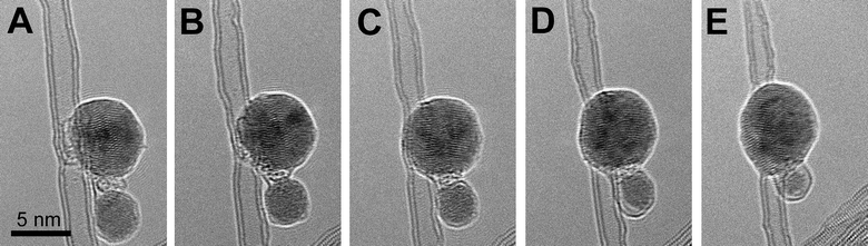 (A–E) Formation of a DWNT–Co–DWNT junction. Homogenous electron irradiation (200 keV, 85 A cm−2) was applied over the complete area of view with a wide electron beam. The sample was held at 480 °C. The images were taken after 194, 335, 480, 534 and 725 seconds of irradiation, respectively.