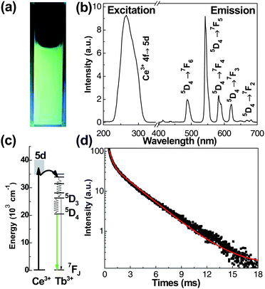 (a) PL photograph of BaFCl:Ce3+ (3 at.%), Tb3+(1 at.%) nanoparticles in aqueous solution under irradiation at 254 nm with a 4 W hand-held UV lamp; (b) the excitation (left, λem = 542 nm) and emission (right, λex = 265 nm) spectra of the sample; (c) energy level scheme of Ce3+ and Tb3+ ions and energy transfer process; (d) PL decay from 5D4 of Tb3+ ions under excitation at 265 nm.