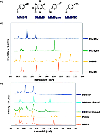 (a) Structures of 4-(mercaptomethyl)benzene-derived reporter molecules. (b) Raman spectra of the 4-(mercaptomethyl)benzene-derived reporter molecules. (c) SERS spectra of functionalized Ag NPs derived using the 4-(mercaptomethyl)benzene-derived reporter molecules.