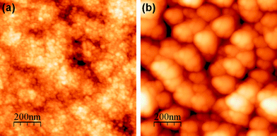 AFM images of nanocrystalline CdS thin films: (a) pristine and (b) after 10.8 at.% cobalt doping by ion implantation at elevated temperature.