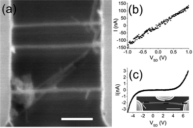 (a) SEM image of epitaxial bridging Au-catalyzed Si NWs doped as described in the text (scale bar = 1 μm). (b) Current–voltage curve for the set of NWs shown in (a). (c) Current–voltage response for a single undoped epitaxial bridging Si NW, shown in the inset SEM image (scale bar = 1 μm).