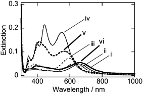 Extinction spectra at 180 min after the addition of AgCl particles. pH = 4.1 (i), 4.5 (ii), 5.0 (iii), 5.4 (iv), 5.7 (v), 6.2 (vi).