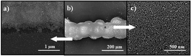 SEM images of a line pattern of nanoparticles monolayer achieved by inkjet printing of APTES linker.