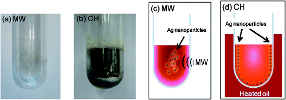 Photograph of the reactor after the sample discharge (a) after 4 min of microwave irradiation, and (b) after 5 min of oil bath heating. Cartoon representing the temperature distribution in the reactor (c) after the 4 min of microwave heating, and (d) after the 4 min of oil bath heating. Note that the photographs in (a) and (b) were taken immediately after the 4-min heating time. Experiments carried out under non-stirring conditions. Concentrations: CMC, 0.05% w/v and diaminesilver(i) aqueous solution, 60 mM.