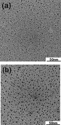 TEM images of Ag nanoparticles generated from (a) the 390-Watt MW/Cool hybrid protocol and from (b) the 170-Watt microwave heating protocol for a 5 min reaction period.