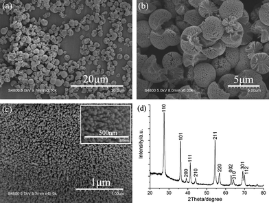 (a)–(c) SEM images with different magnifications of TiO2 three-dimensional architectures obtained after reaction at 160 °C for 10 h. Inset in (c) is the corresponding high-magnification SEM image of (c). (d) The corresponding XRD pattern of the obtained TiO2 products.