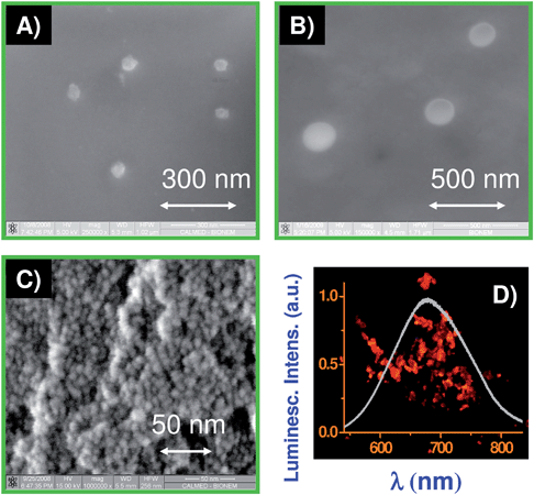 Nanoporous silicon nanoparticles: SEM images of NPNPs of 50 and 200 nm diameter (A, B); (C) SEM image (×106 magnification) of porous silicon cross section showing the skeleton structure made of silicon nanocrystals with a diameter of 5–7 nm. The interspaces between nanocrystal define the free volume available to load host molecules. (D) Optical image of the NPNP and related emission spectrum, when they are illuminated with UV light.