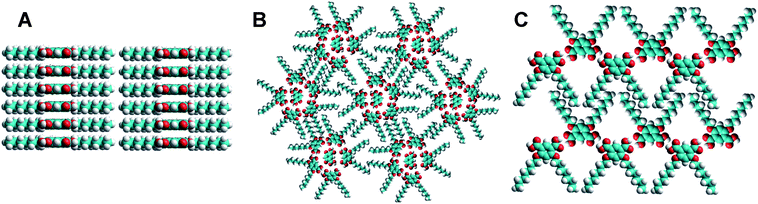 Proposed models for the assembly of ISA-D7 at the Au(111)–water interface at negative (A), around zero (B) and positive (C) potentials, with respect to the PZC.