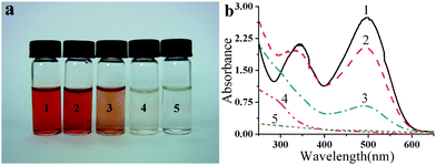 (a) Photos of Congo Red aqueous solution with an initial concentration of 100 mg L−1. (1) before photodegrading; (2)–(4) photodegraded by 0.29 mg, 1.45 mg, 2.9 mg of TiO2 porous nanospheres in the batch-type setup, respectively; and (5) photodegraded by TiO2/PP composite membrane with 0.29 mg of TiO2 loading using the flow-type setup with a flow rate of 5 ml h−1. (b) Corresponding UV-Vis absorption spectra of Congo Red aqueous solutions in (a).