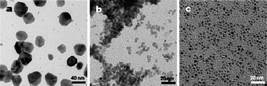 TEM images of the obtained Pd NCs from the blank reaction without peptide (a), the negative control reaction with a nonspecific peptide (b), and the positive control reaction with Q7 (c) at 10 min.