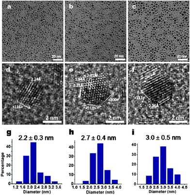 TEM images of Pd NCs obtained at 20 s reaction time with different concentrations of NaBH4: 1.5 mM (a), 1 mM (b) and 0.5 mM (c), corresponding high-resolution TEM images (d–f) and size distributions (g–i).