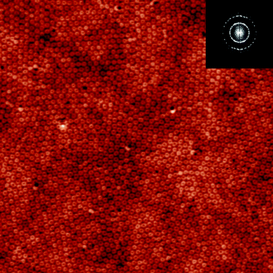 A large area AFM height-image of the morphologies of the PS-b-PMMA thin film annealed in toluene for 120 s. The scanning size of the images is 5.0 × 5.0 μm2. Inset of the image is the fast Fourier transform (FFT) pattern.