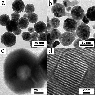 Stages of formation of hollow single crystals of CeO2 at different sintering temperatures (a) mesoporous structure at 250 °C, (b) faceted structure with multiple faceted pores at 700 °C, (c) hollow single crystal at 900 °C. (d) High resolution image from a hollow particle showing the single crystal nature.