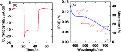 (a) Photocurrent under visible light irradiation (>420 nm, 100 mW cm−2) and (b) cathodic action spectrum under monochromatic light (5 × 1014 photons cm−2 s−1) of the ITO/AgNP/TiO2 electrode with the Al2O3 nanomask in an aqueous solution containing 0.1 M FeSO4, 0.025 M Fe2(SO4)3 and 1 M Na2SO4. Absorption spectrum of an ITO/AgNP electrode after annealing is also shown in (b).