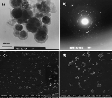 CdSe/ZnS QD loaded polyglutamate capsules with (PEI-RBITC/PAA)3 multilayers. (a) TEM image of polyglutamate/(PEI-RBITC/PAA)3 nanocapsules; (b) electron microdiffraction pattern of (a) measured by TEM; (c), (d) ESEM images of polyglutamate/(PEI-RBITC/PAA)3 nanocapsules at different magnification. The scale of (c) is 5.0 μm and the scale of (d) is 2.0 μm. (QD maximum emission: 575 nm.)