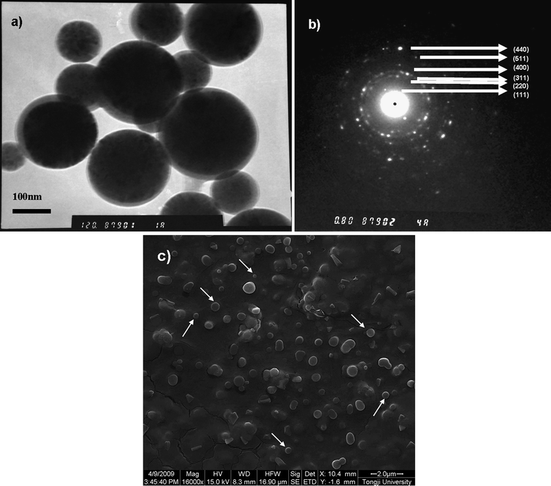 Fe3O4 nanocrystal-loaded polyglutamate nanocapsules with (PEI/PAA)3 multilayers. (a) TEM image of polyglutamate/(PEI/PAA)3 nanocapsules; (b) electron microdiffraction pattern of (a) measured by TEM; (c) ESEM image of polyglutamate/(PEI/PAA)3 nanocapsules.