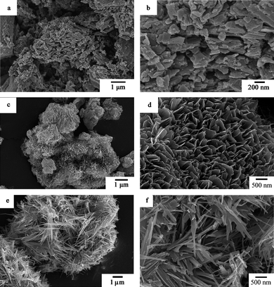 SEM images of (a), (b) V2O5 precursor, (c), (d) sample 1, and (e), (f) sample 2.